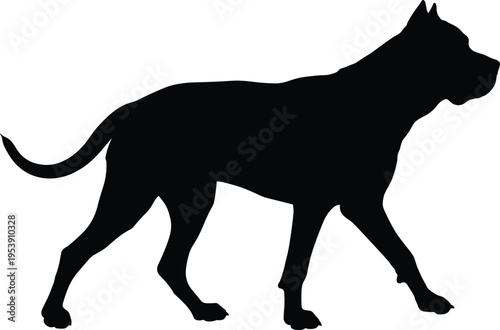 Black silhouette of a strong dog walking, representing breeds like pitbull, cane corso, or mastiff for pet care and security