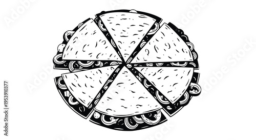 A black and white illustration depicts a sliced pizza with a detailed hand drawn style