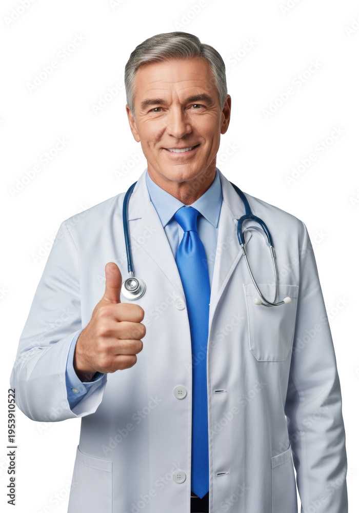 Fototapeta premium Mature doctor with gray hair wearing a white lab coat and stethoscope giving a thumbs up in a bright studio background reassuring healthcare atmosphere