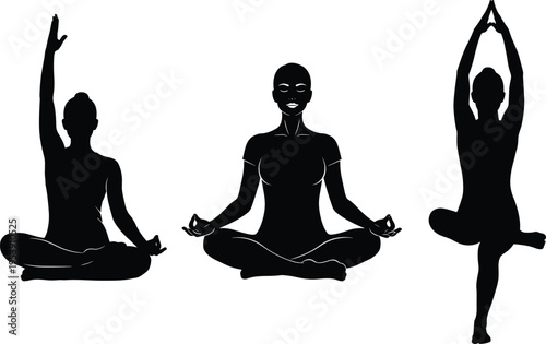 Black silhouette collection of a woman practicing yoga poses, meditation, mindfulness, and stretching exercises for health, wellness, and mental balance
