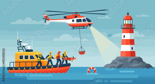 Rescue Operation Helicopter Lowering Crew Near Lighthouse.