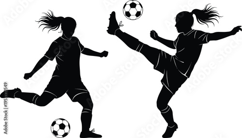 Black silhouette collection of female soccer players kicking a football, performing athletic maneuvers,