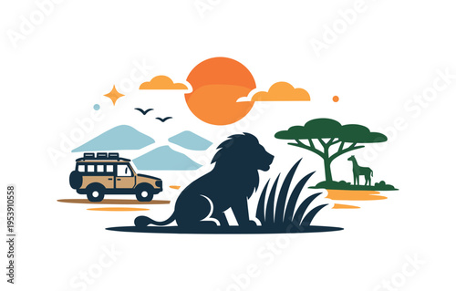Safari travel adventure representing the experience of discovering Africas wildlife and natural landscapes where lions roam the savanna plains, a lion silhouette beside tall grass