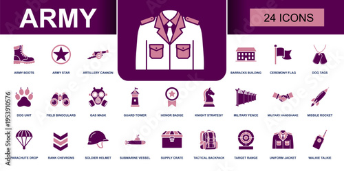 Army icon set. Containing boots, artillery cannon, barracks, dog tags, gas mask, parachute, soldier helmet, walkie talkie, binoculars and more. Solid fill military vector icons collection.