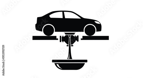 A black silhouette depicts a car elevated on a lift for maintenance or repair work