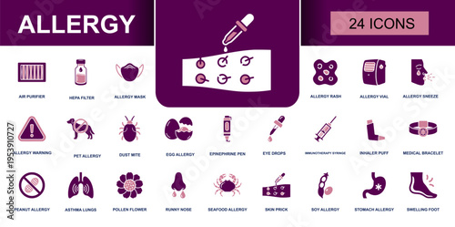 Allergy icon set. Containing allergy mask, rash, sneeze, inhaler, epinephrine pen, pollen, pet allergy, peanut allergy, skin prick, asthma and more. Solid fill vector icons collection.