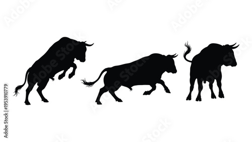Three black silhouettes of bulls in various walking and rearing poses against a white background