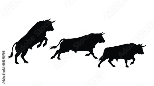 Silhouette of three bulls running across a white background depicting movement