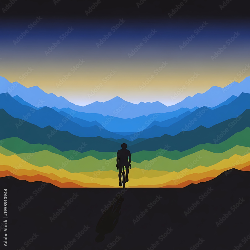 Fototapeta premium Cyclist Riding into Mountains at Sunset