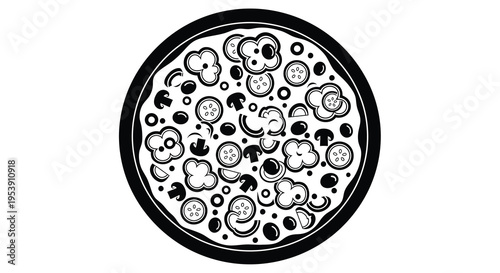 A black and white illustration depicts a circular pizza topped with mushrooms olives and tomatoes