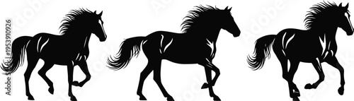 Black Stallion Horse Silhouette Set, Three Wild Mustangs Running Galloping Isolated on White Background for Equestrian Sports and Logo Design.