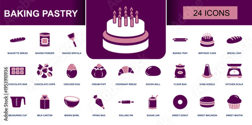 Baking pastry icon set. Containing baguette bread, birthday cake, croissant, dough ball, rolling pin, piping bag, muffin, macaron and more. Solid fill vector icons collection for bakery use.