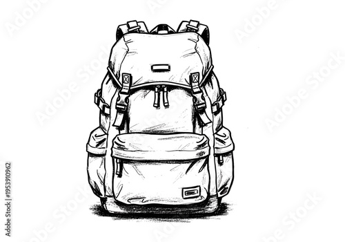 Detailed black and white sketch of a large hiking backpack with multiple pockets and straps