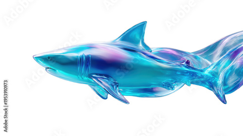 Iridescent translucent glass shark sculpture floating in blue gradient studio lighting