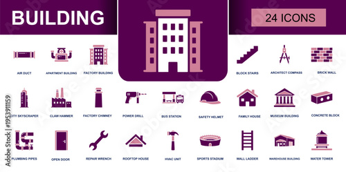 Building icon set. Containing apartment building, brick wall, city skyscraper, family house, museum building, warehouse, water tower, HVAC unit and more. Solid fill vector icons collection.