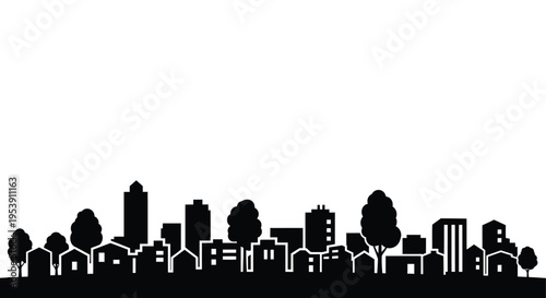 A stark black silhouette depicts a dense urban skyline with varied building heights high quality