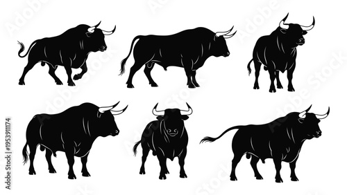 Silhouettes of six powerful bulls in various poses creating a striking visual collection