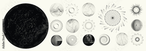 Abstract circular halftones element set, geometric dotted ring and spiral circle shapes for modern design, technology, or motion graphic backgrounds. Dotted round elements, radial spirals, and vortex.