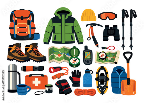 Vector illustration displaying outdoor adventure essentials, hiking gear, and travel equipment for various exploration activities