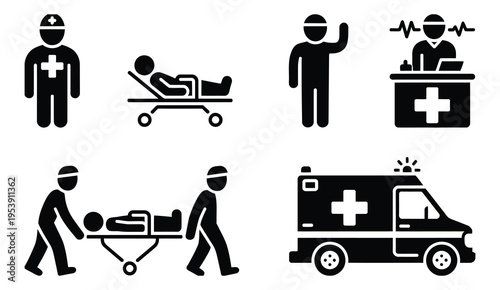 Emergency medical care silhouette illustration showing paramedics, ambulance transport
