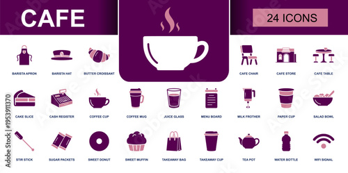 Cafe icon set. Containing coffee cup, croissant, takeaway cup, menu board, tea pot, cash register, muffin, donut, pastry, cafe seating and more. Solid fill vector icons collection.