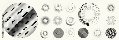 Abstract circular halftones element set, geometric dotted ring and spiral circle shapes for modern design, technology, or motion graphic backgrounds. Dotted round elements, radial spirals, and vortex.