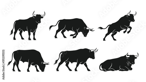 Black silhouettes of bulls in various poses and positions isolated on a white background