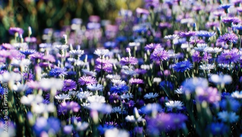 Wild purple and white aster meadow background for spring wallpaper and banner design, soft focus floral field with colorful blooms for seasonal projects