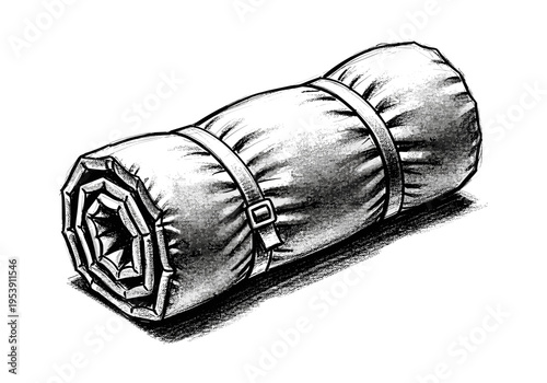 Rolled up sleeping bag with straps, black and white sketch illustration
