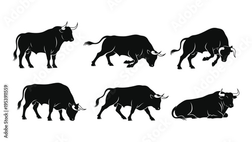 Silhouette collection of six black bulls in various poses against a white background