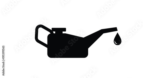 A simple black silhouette depicts an oil can with a single drop falling from its spout