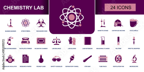 Chemistry lab icon set. Containing bunsen burner, atom symbol, lab balance, pipette dropper, tube rack, microscope, safety goggles, centrifuge and more. Solid fill vector icons collection.