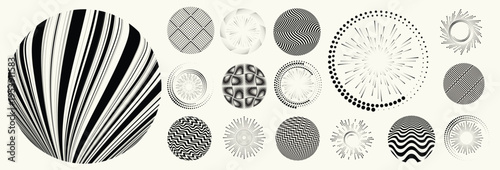 Abstract circular halftones element set, geometric dotted ring and spiral circle shapes for modern design, technology, or motion graphic backgrounds. Dotted round elements, radial spirals, and vortex.
