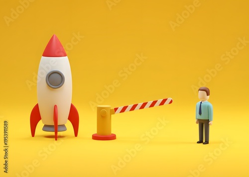 A construction worker and a rocket behind a barrier gate. Not being invited to a project or startup. Missed opportunities, career limitations and problems accessing innovation. 