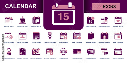 Calendar icon set. Containing birthday calendar, deadline calendar, event calendar, reminder calendar, sync calendar, travel calendar and more. Solid fill clean vector icons collection.