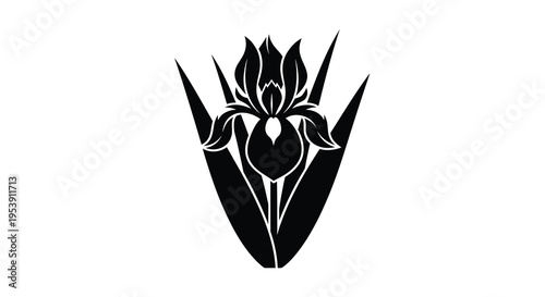 A striking black and white graphic depiction of an iris flower in a minimalist style high quality