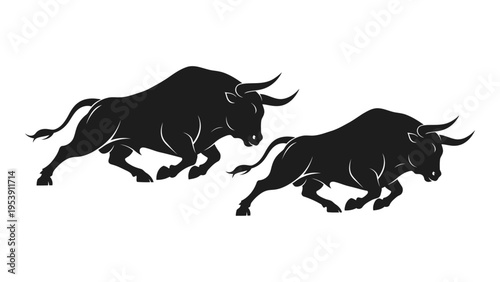Two black silhouettes of charging bulls depicted in a dynamic graphic style