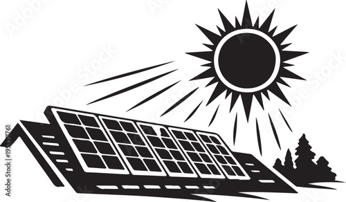Solar panel silhouette on rooftop with sun rays, eco energy.