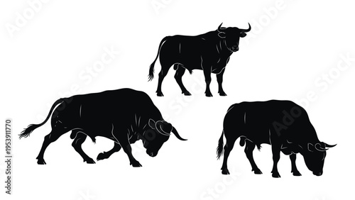 Silhouette of three bulls in varying poses against a white background