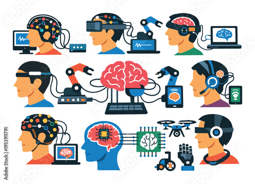 People interacting with brain-computer interfaces, neural implants, EEG devices, VR headsets, and robotic prosthetics