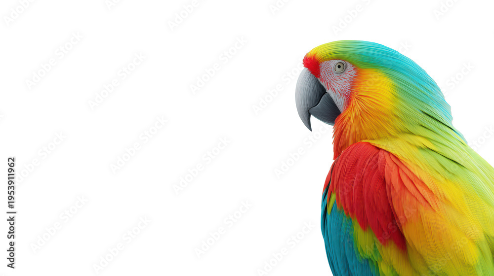Fototapeta premium Vibrant macaw parrot side profile with rainbow feathers isolated on transparent background