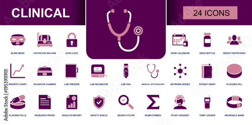 Clinical icon set. Containing stethoscope, drug bottle, dose calendar, placebo pill, results report, temp logger, wearable band, lab vial and more. Solid fill vector icons collection.