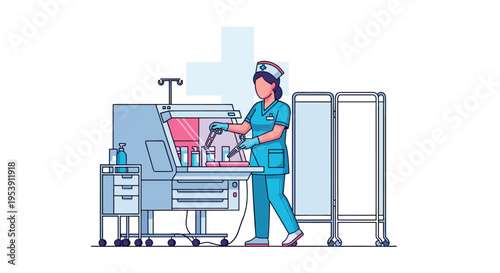 A female nurse prepares medical solutions with vials at a sophisticated workstation in a hospital environment.