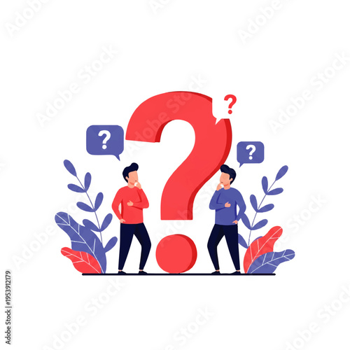 Flat design illustration vector of two men standing beside a large question mark with speech bubbles in a colorful, minimalist composition.