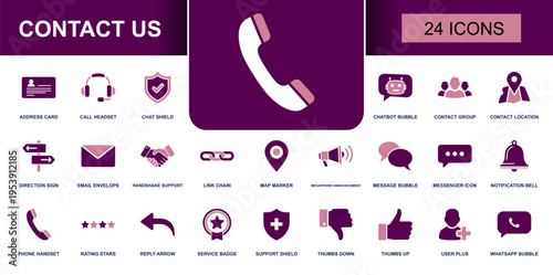 Contact us icon set. Containing call headset, chatbot bubble, contact group, email envelope, map marker, message bubble, phone handset and more. Solid fill vector icons collection.