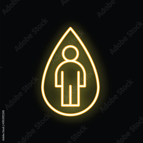 Neon icon of a person inside a water drop representing water shortage