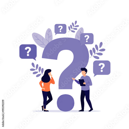 Flat design illustration of a man and woman discussing a large question mark with thought bubbles in a vector style against a clean white background.