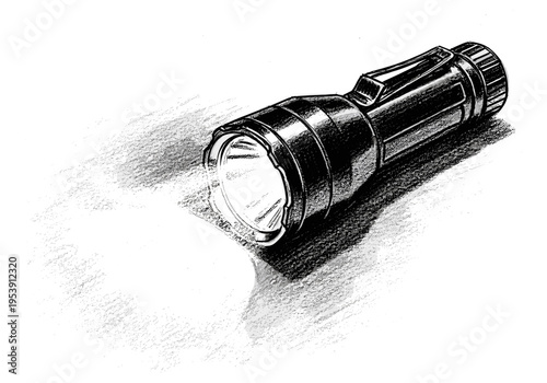 Hand-drawn illustration of a black flashlight emitting a bright beam of light on a white background