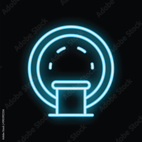 Neon icon of a ct scan machine glowing blue on a black background
