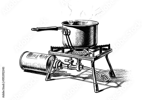 Vintage illustration of a portable camping stove boiling water in a pot